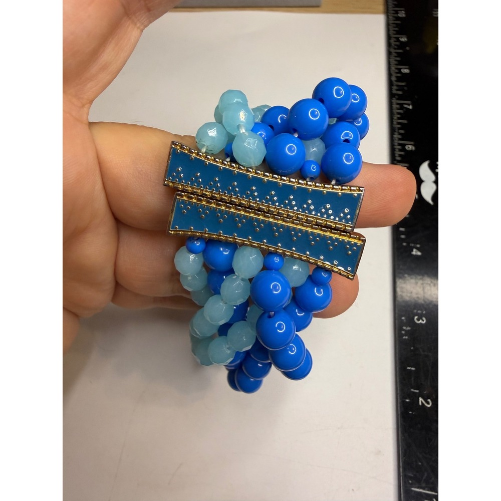 Blue Multistrand Beaded Bracelet Gold Tone Magnetic Bar Clasp Statement Jewelry